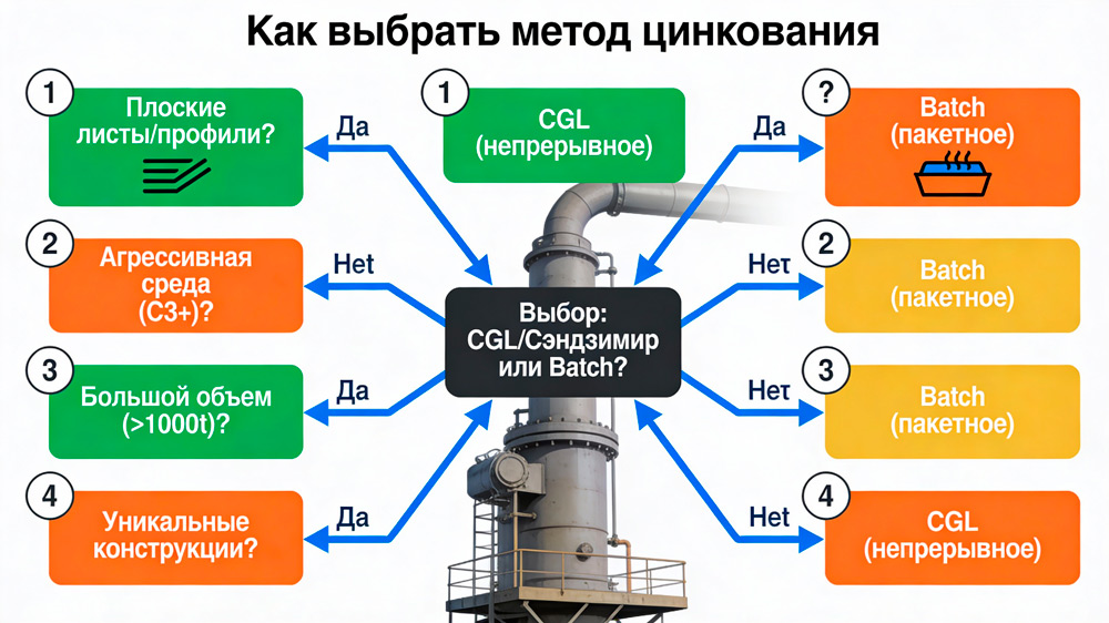 Метод Сэндзимира и горячее цинкование: в чём отличие и что выбрать для лотков 4 Дерево выбора: Sendzimir CGL vs пакетное горячее цинкование
