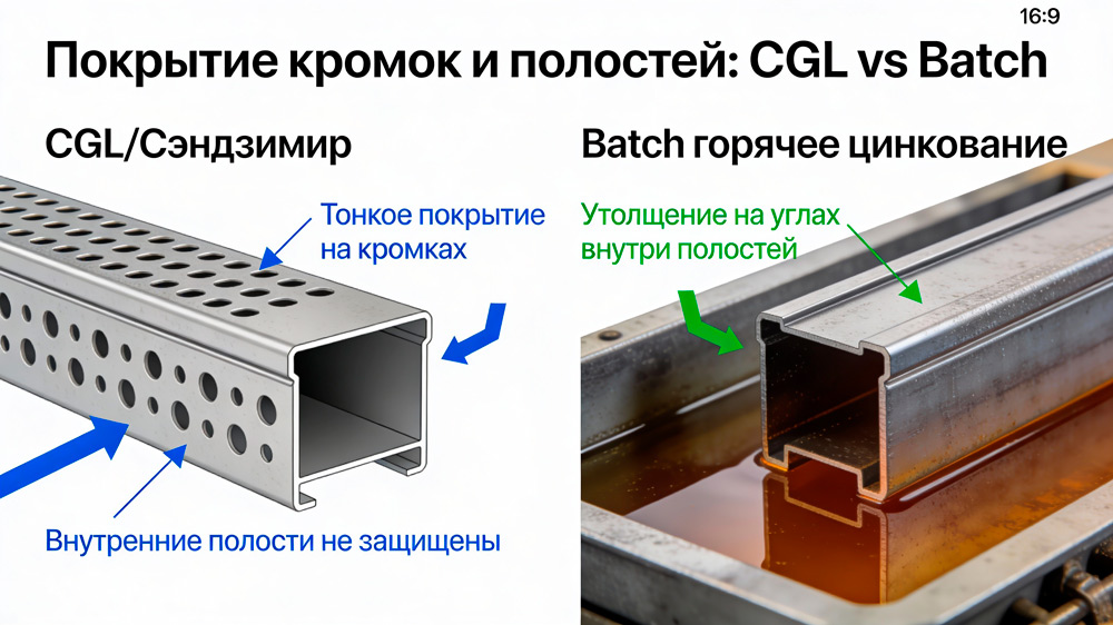 Метод Сэндзимира и горячее цинкование: в чём отличие и что выбрать для лотков 8 Покрытие кромок и полостей в CGL vs batch